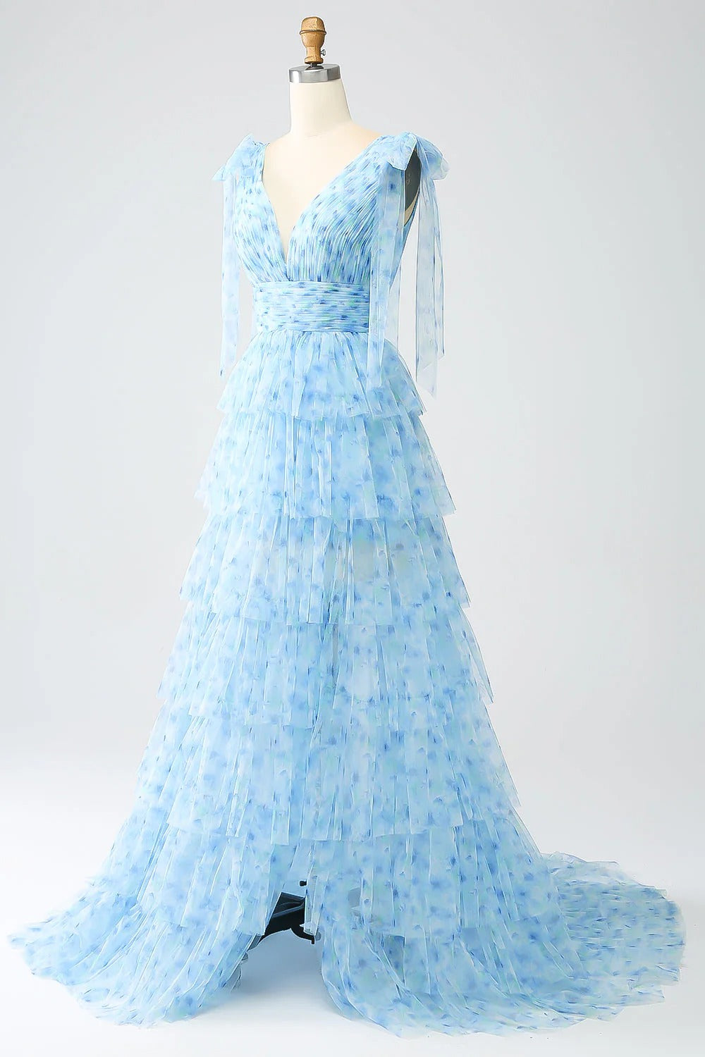 HEULORIA Ethereal Light Blue Floral Print Tiered Tulle Evening Gown with Tie-Up Shoulders ED-580