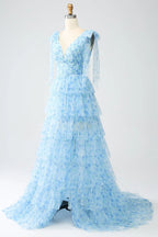 HEULORIA Ethereal Light Blue Floral Print Tiered Tulle Evening Gown with Tie-Up Shoulders ED-580