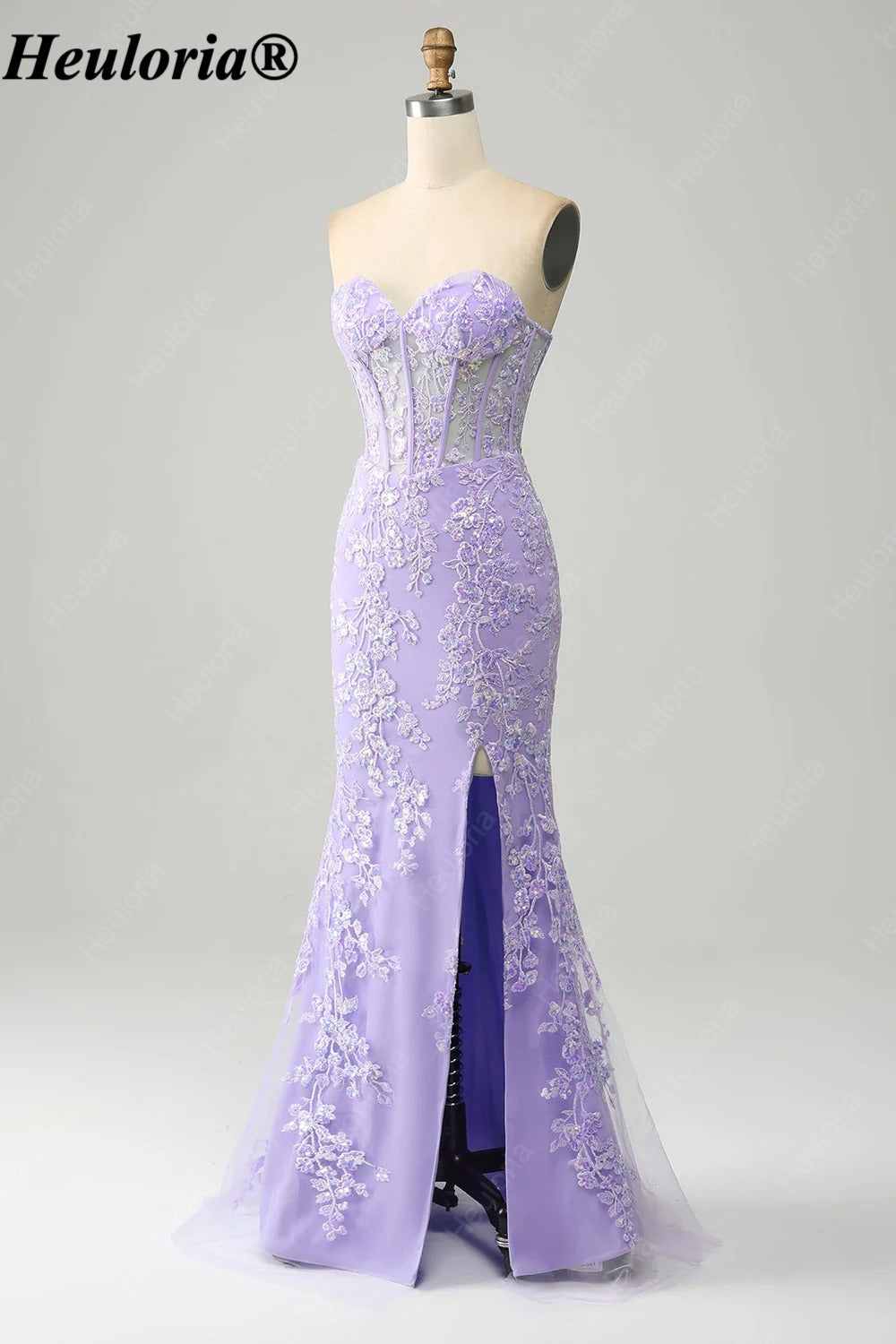 HEULORIA Strapless Sweetheart Lace Corset Prom Dress with Slit ED-369