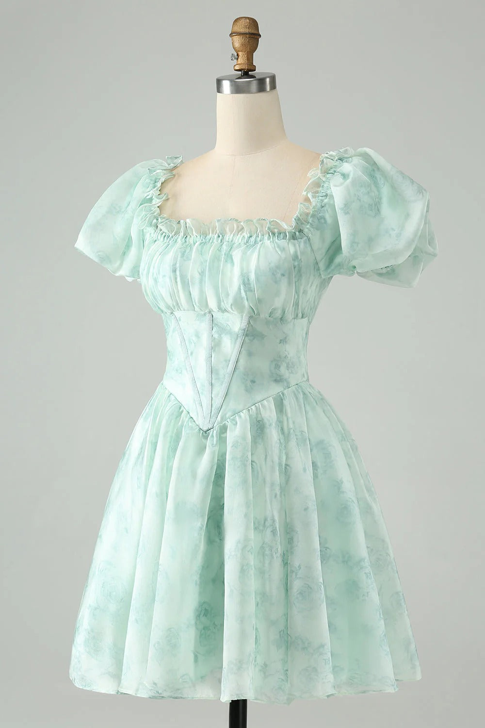 HEULORIA Romantic Floral Puff Sleeve Square Neck Mini Dress with Corset Waist ED-592