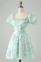 HEULORIA Romantic Floral Puff Sleeve Square Neck Mini Dress with Corset Waist ED-592