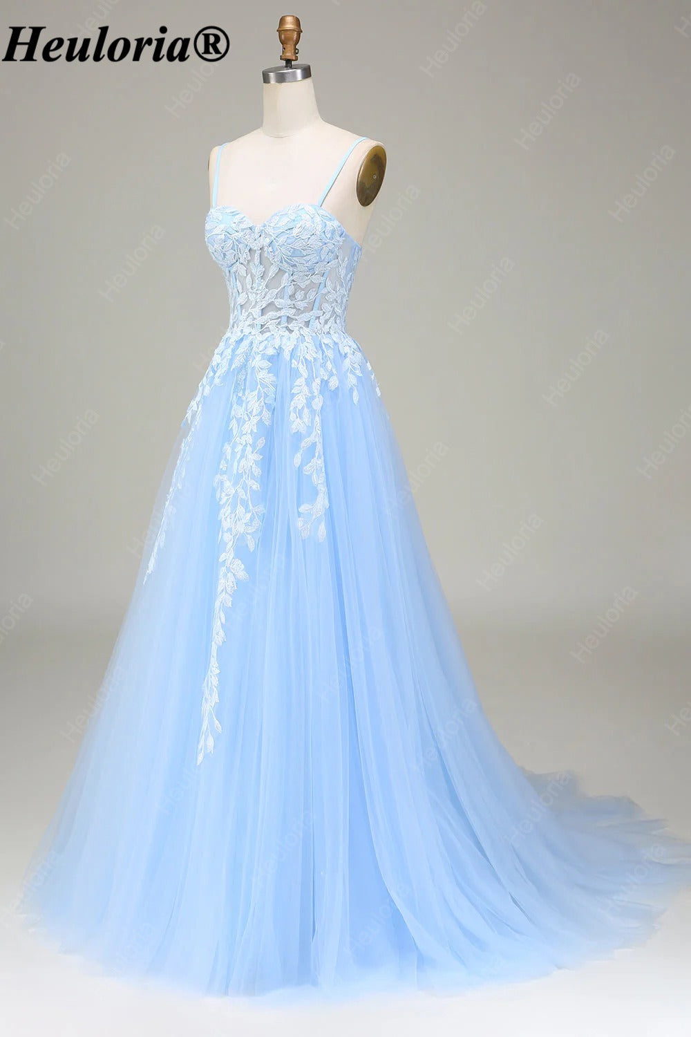 HEULORIA Sky Blue Lace Applique A-Line Tulle Prom Dress with Spaghetti Straps ED-348