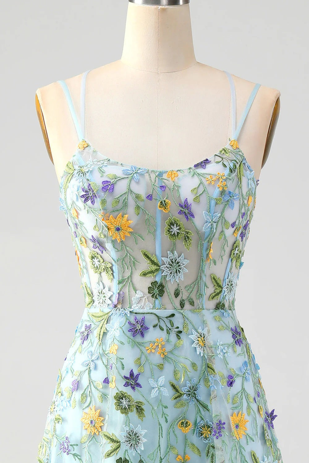 HEULORIA Enchanting Floral Embroidered Spaghetti Strap Prom Dress - Light Blue A-Line Gown with High Slit & Lace-up Back ED-591