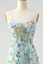 HEULORIA Enchanting Floral Embroidered Spaghetti Strap Prom Dress - Light Blue A-Line Gown with High Slit & Lace-up Back ED-591