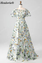 HEULORIA Enchanting Floral Embroidery Flutter Sleeve A-Line Evening Gown - Illusion Mesh Formal Dress ED-684