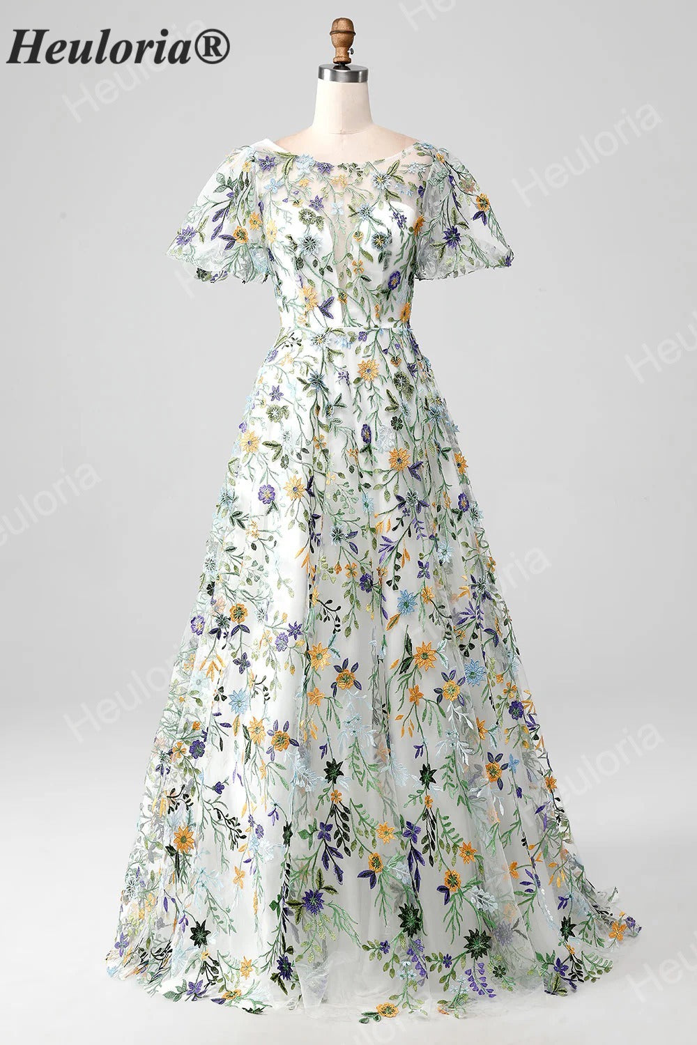 HEULORIA Enchanting Floral Embroidery Flutter Sleeve A-Line Evening Gown - Illusion Mesh Formal Dress ED-684