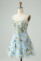 HEULORIA Enchanted Garden Sky Blue Floral Embroidered Short Homecoming Dress - Lace-up Back A-Line Mini Party Gown ED-590