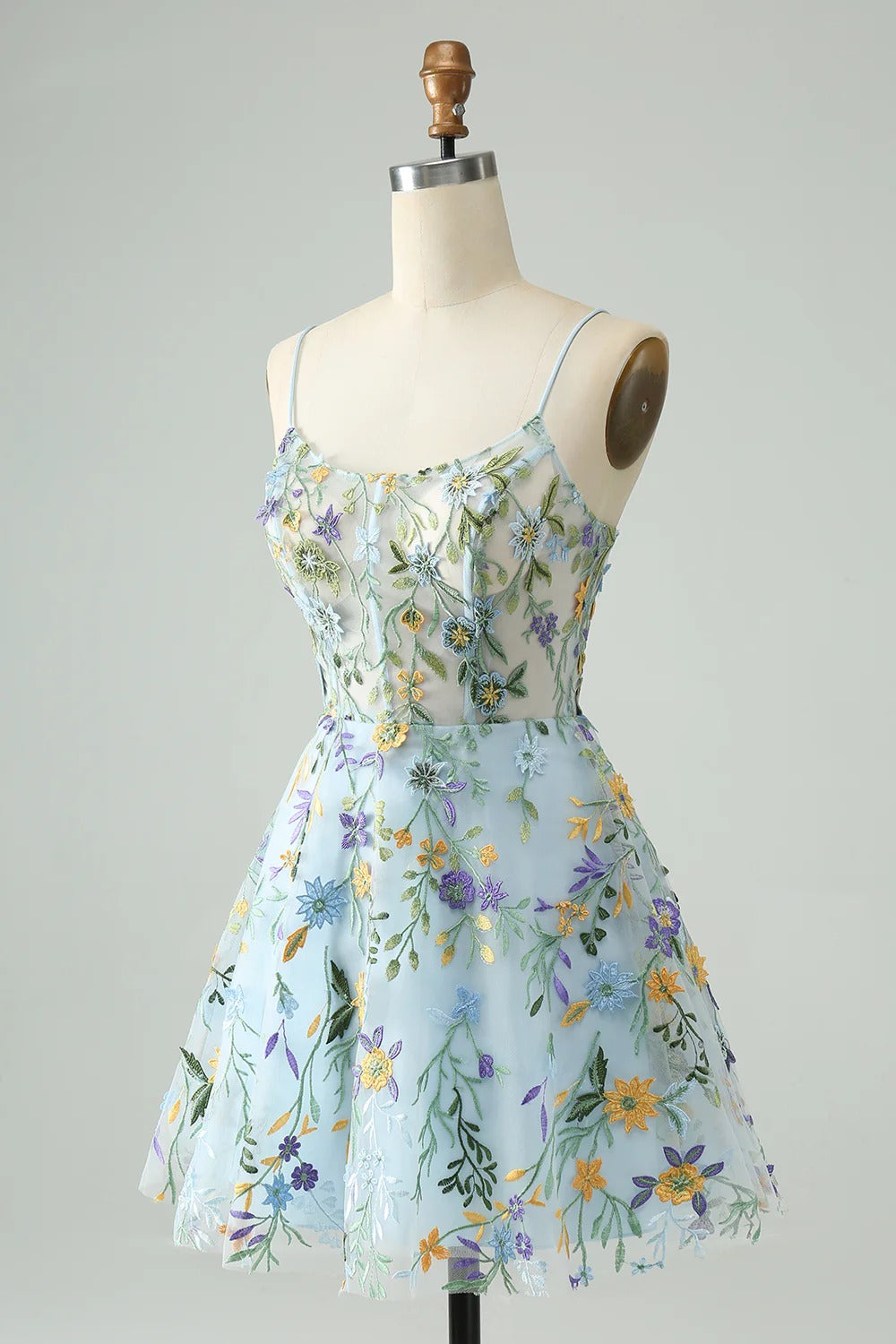 HEULORIA Enchanted Garden Sky Blue Floral Embroidered Short Homecoming Dress - Lace-up Back A-Line Mini Party Gown ED-590