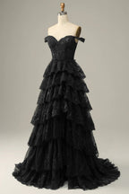 HEULORIA Off-the-Shoulder Tiered Tulle Prom Dress with Shimmering Sequins - Romantic Floor-Length Evening Gown ED-365
