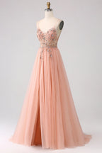HEULORIA Sparkling Floral Beaded Tulle Prom Dress with High Slit - Elegant A-Line Evening Gown ED-572
