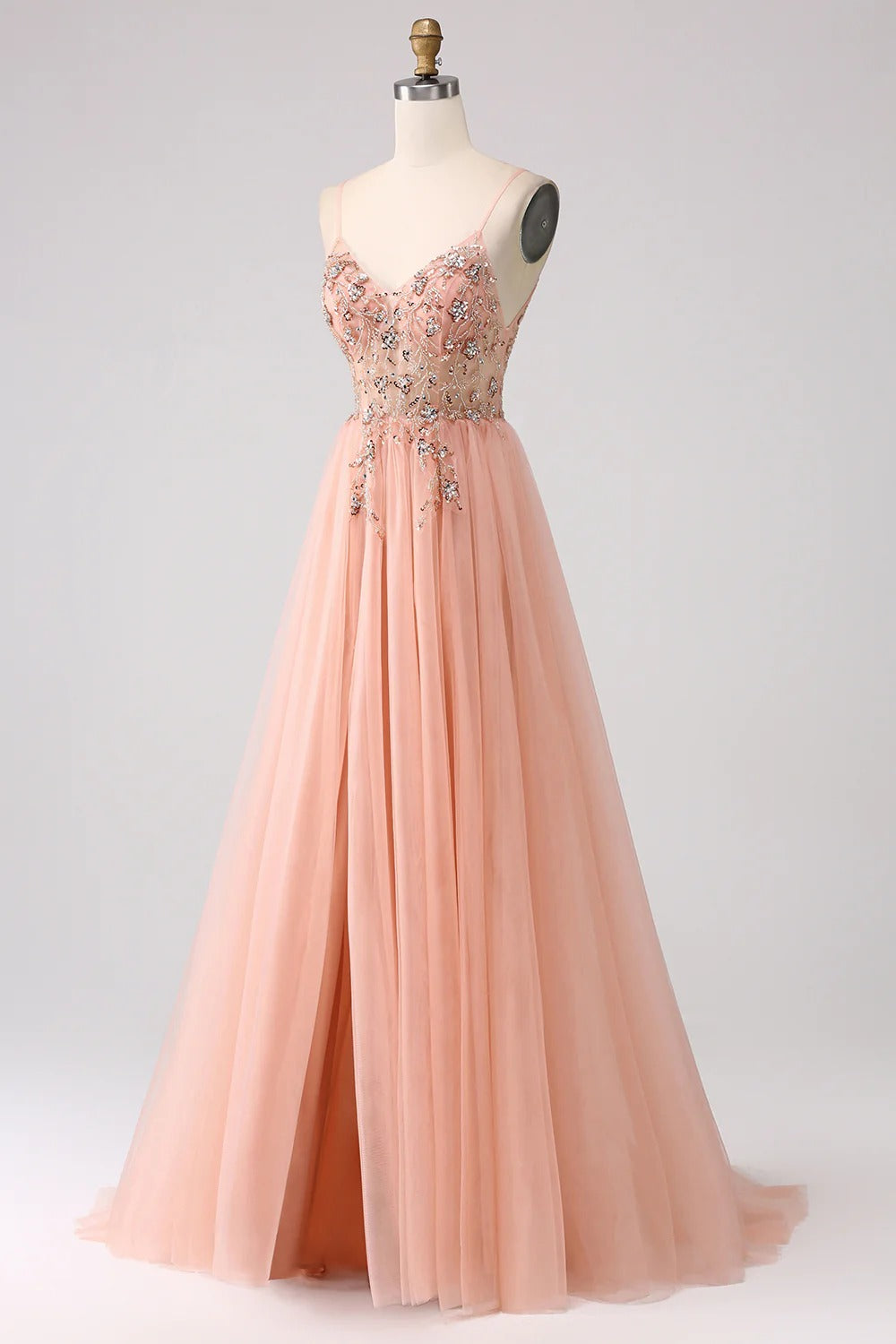 HEULORIA Sparkling Floral Beaded Tulle Prom Dress with High Slit - Elegant A-Line Evening Gown ED-572