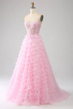 HEULORIA Enchanting Pink Tiered Ruffle Prom Dress - Sweetheart Strapless Lace-Up Ball Gown ED-355