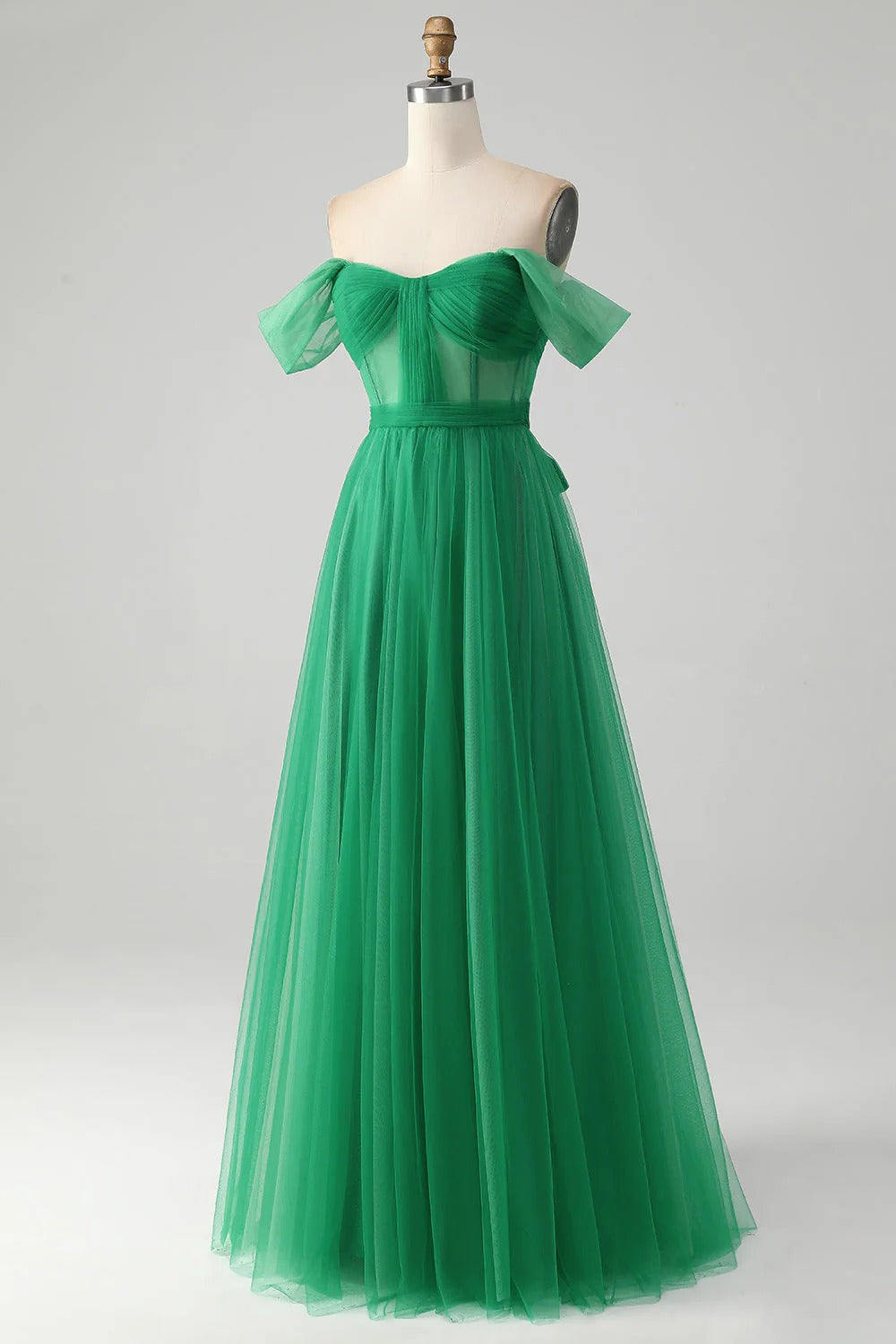 HEULORIA Emerald Green Off-the-Shoulder Tulle Gown - Corset Bodice A-Line Evening Dress ED-262