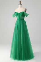 HEULORIA Emerald Green Off-the-Shoulder Tulle Gown - Corset Bodice A-Line Evening Dress ED-262