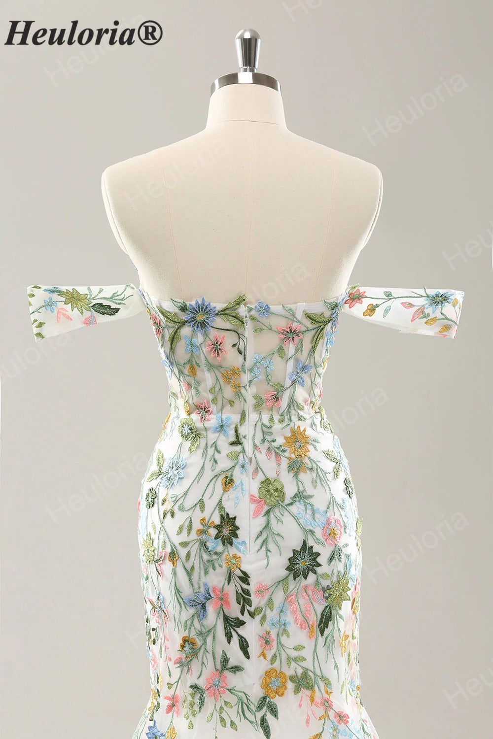 Heuloria Multicolor Floral Embroidered Off-the-Shoulder Tulle Mermaid Evening Dress ED-612