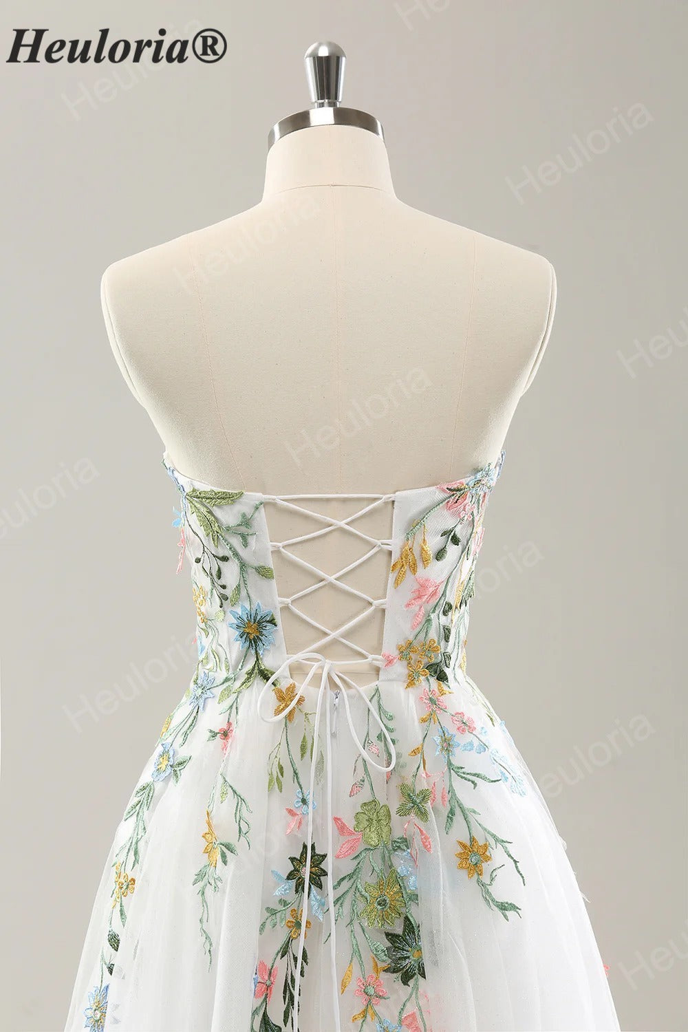 Heuloria Whimsical Colorful Floral Embroidery Strapless Wedding Dress - Romantic Tulle A-Line Bridal Gown with Corset Back ED-650