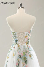 Heuloria Whimsical Colorful Floral Embroidery Strapless Wedding Dress - Romantic Tulle A-Line Bridal Gown with Corset Back ED-650