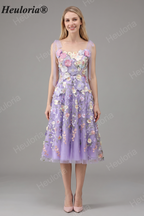 HEULORIA Enchanting Lavender 3D Floral Appliqué Tea-Length Prom Dress with Tulle Bow Straps ED-682