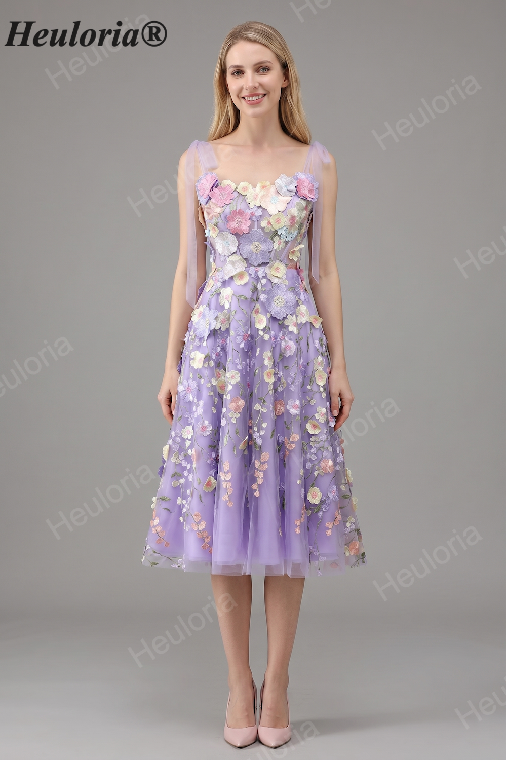 HEULORIA Enchanting Lavender 3D Floral Appliqué Tea-Length Prom Dress with Tulle Bow Straps ED-682