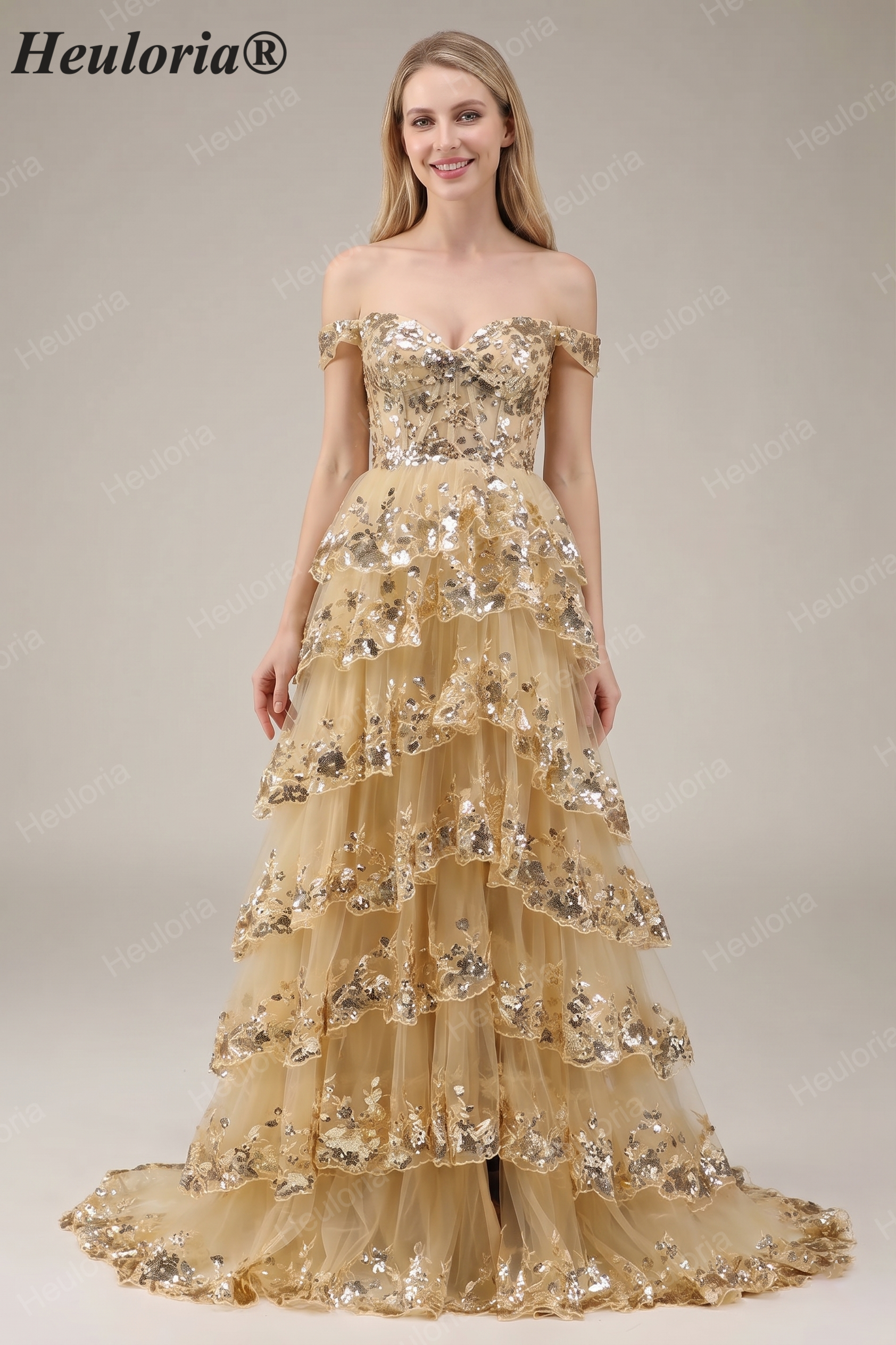 HEULORIA Off-the-Shoulder Tiered Tulle Prom Dress with Shimmering Sequins - Romantic Floor-Length Evening Gown ED-365