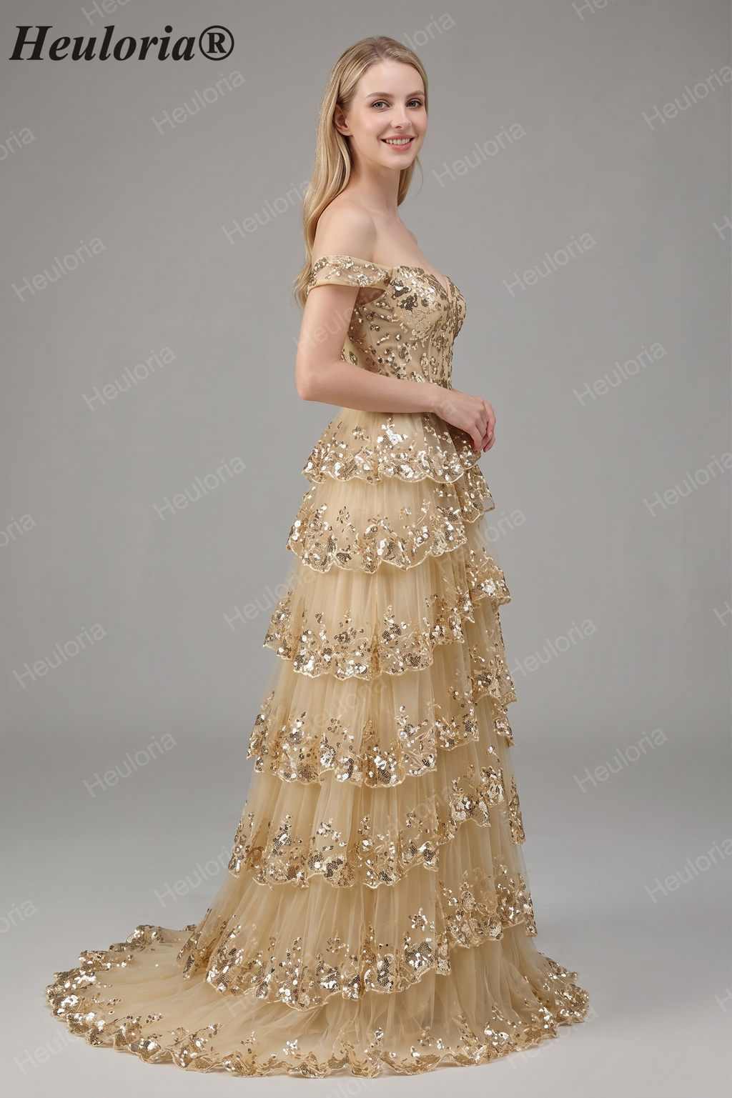 HEULORIA Off-the-Shoulder Tiered Tulle Prom Dress with Shimmering Sequins - Romantic Floor-Length Evening Gown ED-365