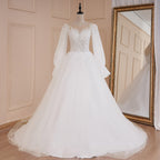 HEULORIA elegant A line long sleeve Court Train Tulle Lace Wedding Dress With Sequins BA-571
