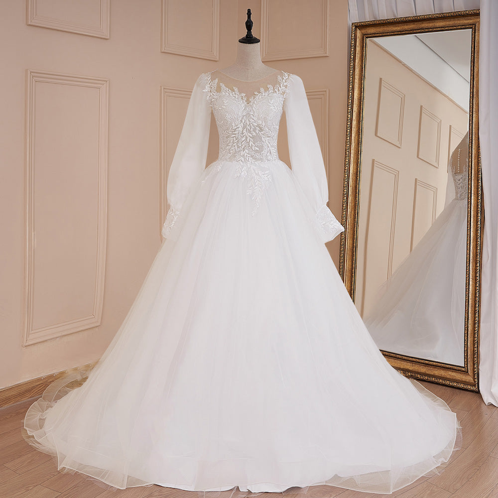HEULORIA elegant A line long sleeve Court Train Tulle Lace Wedding Dress With Sequins BA-571