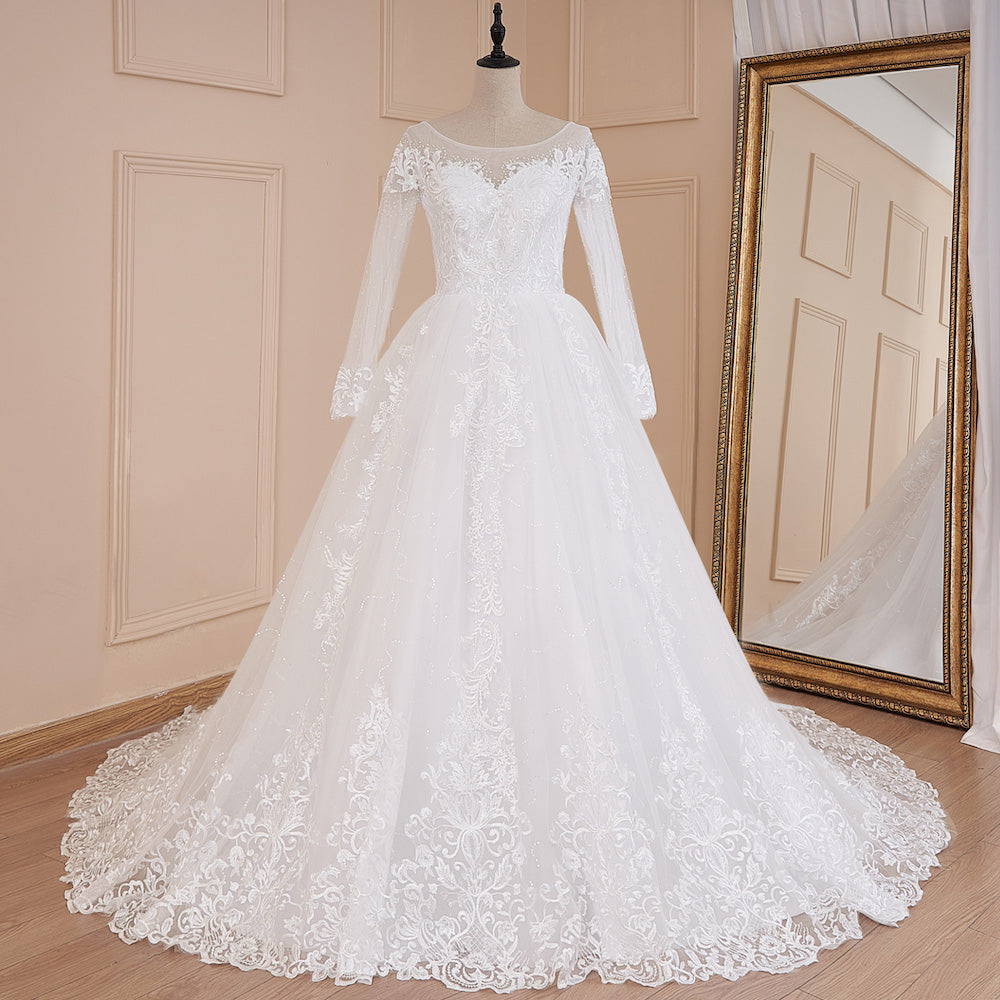 HEULORIA Ball-Gown/Princess Scoop Illusion long sleeve Cathedral Train Tulle Lace Wedding Dress With Sequins BA-574