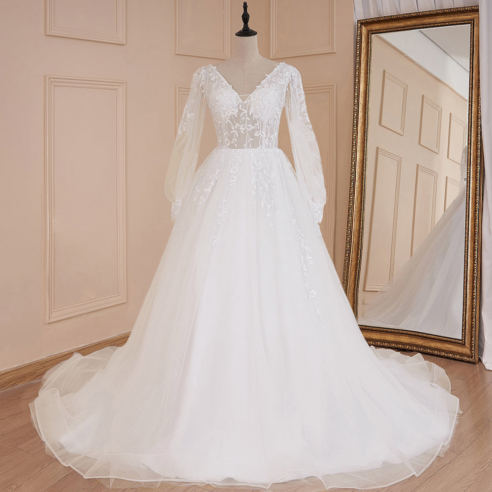 HEULORIA elegant A line long sleeve Court Train Tulle Lace Wedding Dress With Sequins AL-578