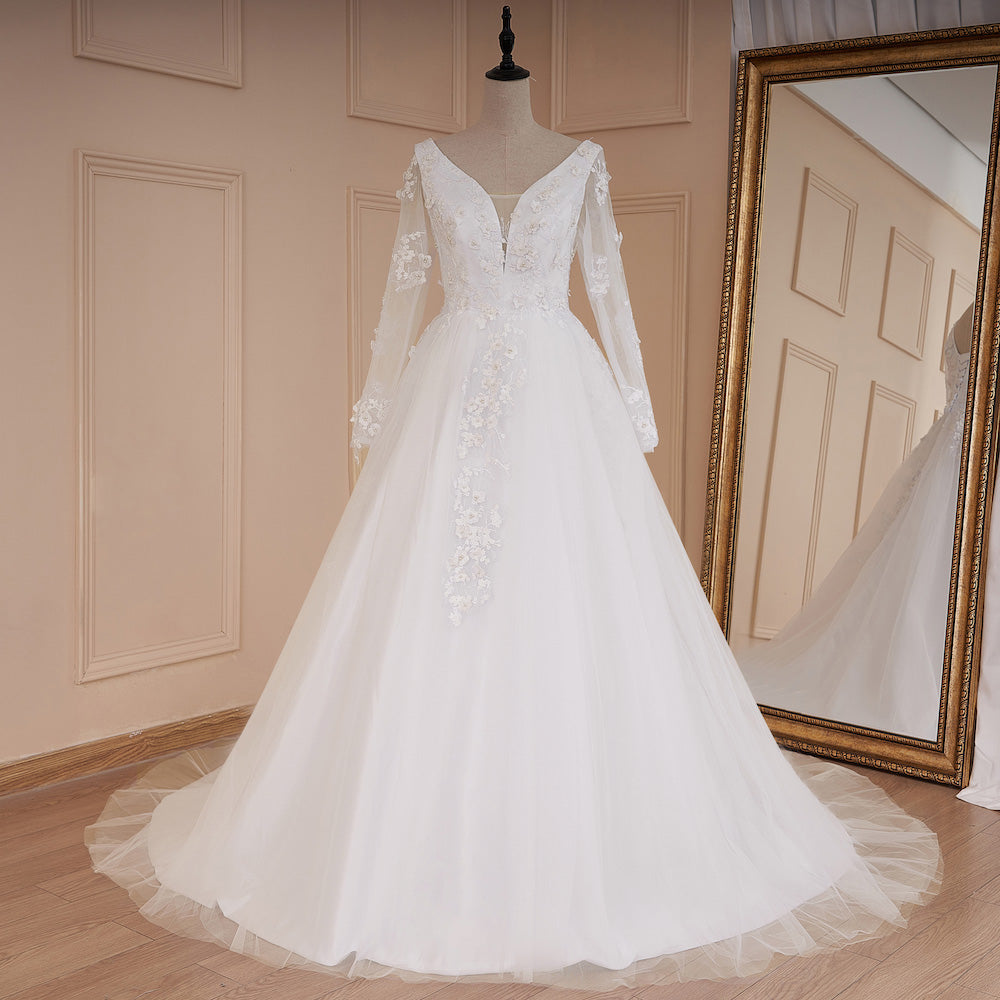 HEULORIA elegant A line long sleeve Court Train Tulle Lace Wedding Dress With Sequins Beading AL-577