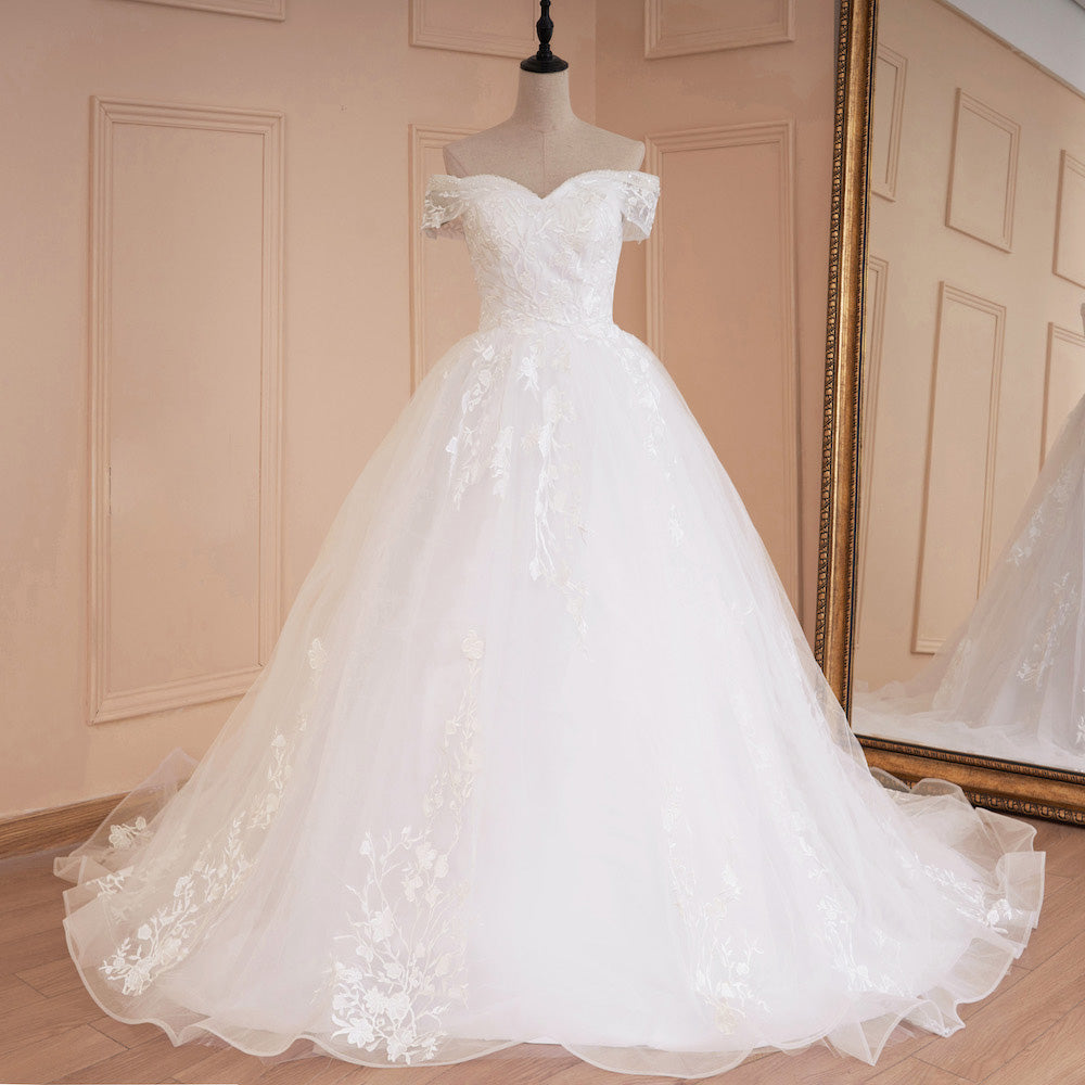 HEULORIA princess wedding dress off shoulder crystal beading lace applique bride dress plus size robe de mariee BA-544