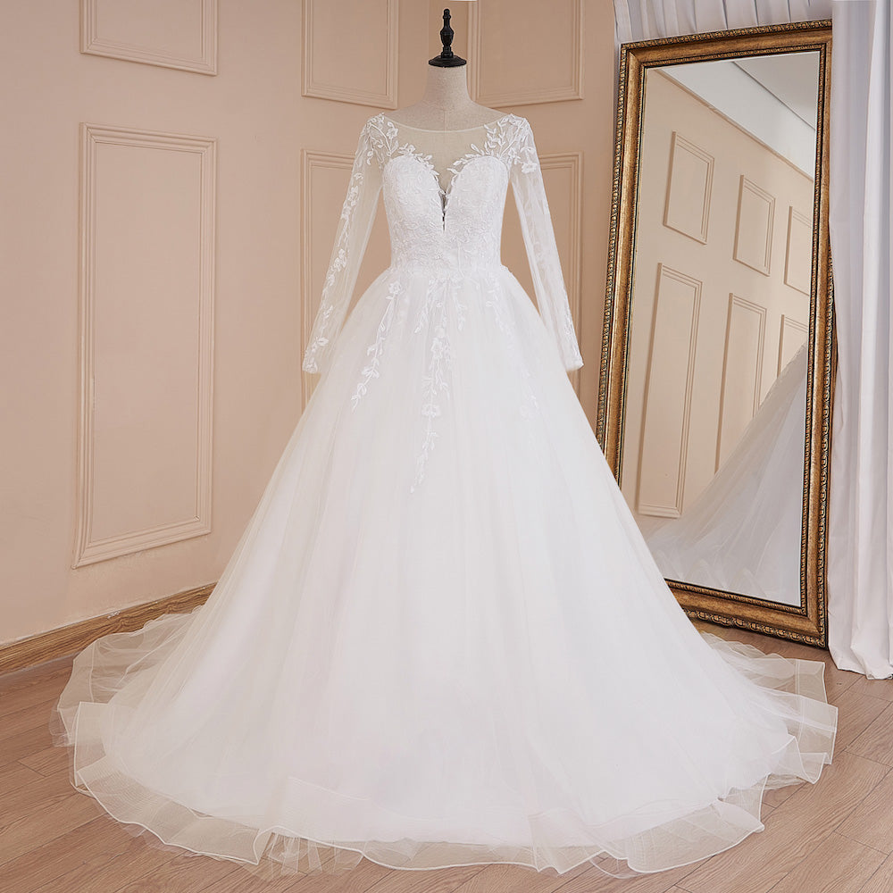 HEULORIA Elegant Lace Wedding Dress V neck long sleeve Vestidos de novia lace applique Bridal Dress A line  Wedding Gowns AL-572