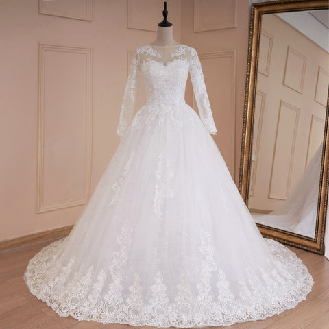 HEULORIA Princess Ball Gown Wedding Dress long sleeve bride dress O neck plus size robe de mariee Lace beading Bridal Gown
