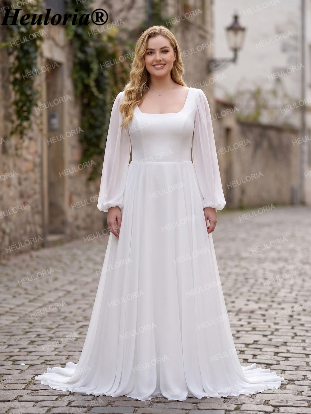 HEULORIA Minimalist Square Neck A-Line Chiffon Wedding Dress with Back Buttons and Romantic Puff Sleeves AL-QK197