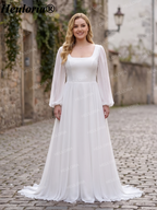 HEULORIA Minimalist Square Neck A-Line Chiffon Wedding Dress with Back Buttons and Romantic Puff Sleeves AL-QK197
