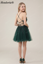 HEULORIA Heuloria Short A-Line Tulle Homecoming Dress with Beaded Lace and Illusion V-Neck ED-343