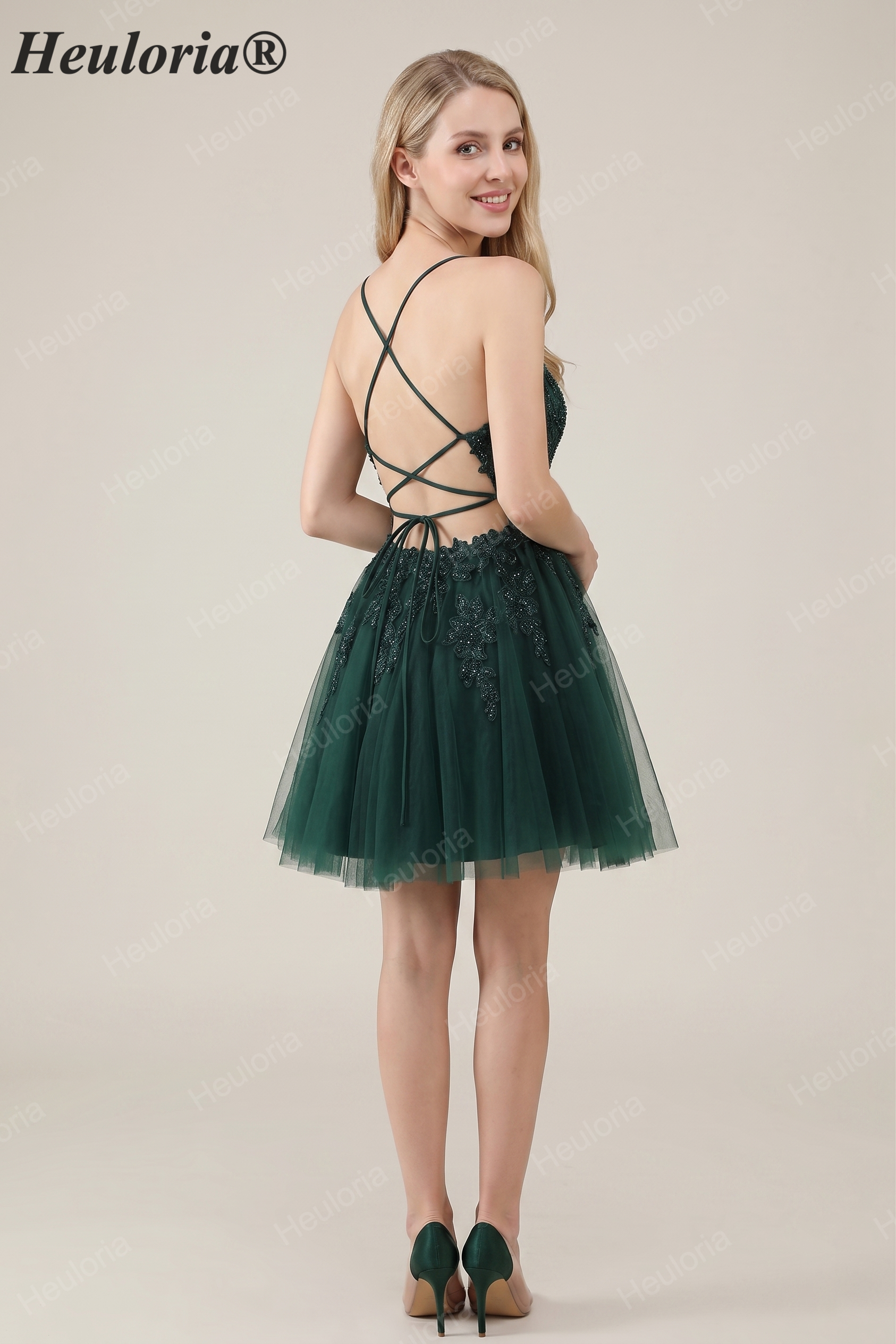 HEULORIA Heuloria Short A-Line Tulle Homecoming Dress with Beaded Lace and Illusion V-Neck ED-343