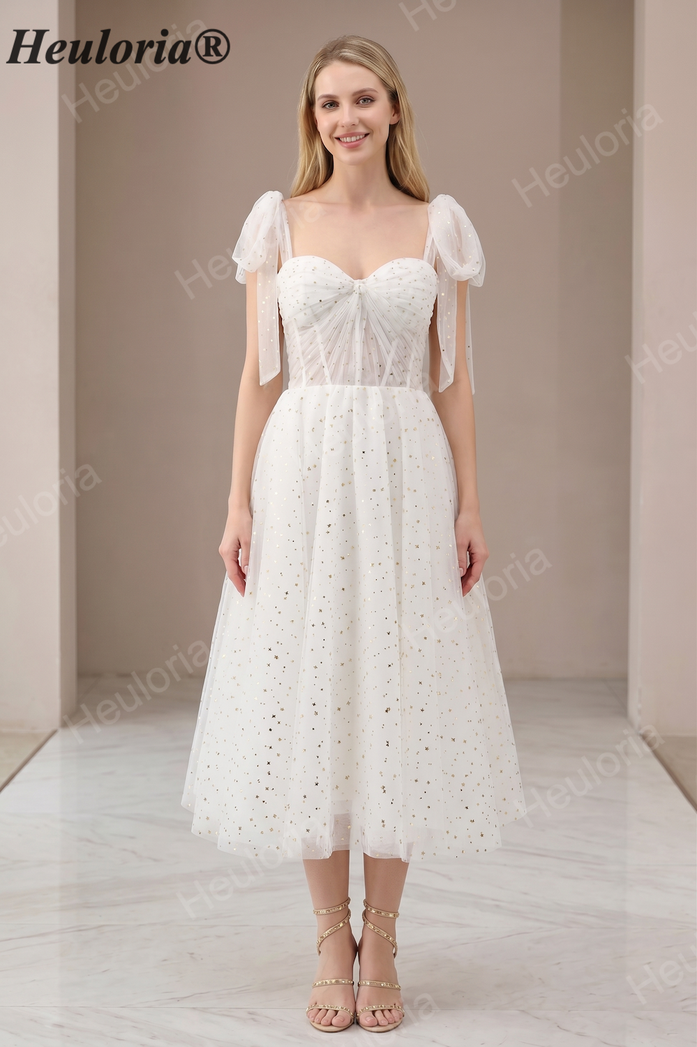 HEULORIA Celestial Starry Tulle Tea-Length Formal Dress with Tie Straps & Corset Back ED-443