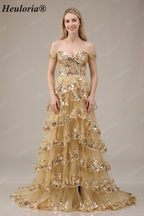 HEULORIA Off-the-Shoulder Tiered Tulle Prom Dress with Shimmering Sequins - Romantic Floor-Length Evening Gown ED-365