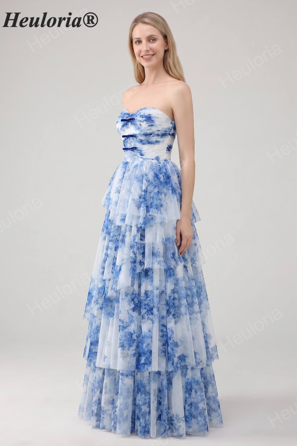 Heuloria Enchanted Garden Watercolor Floral Strapless Tiered Tulle Ball Gown with Velvet Bows ED-657 Imagen secundaria del producto