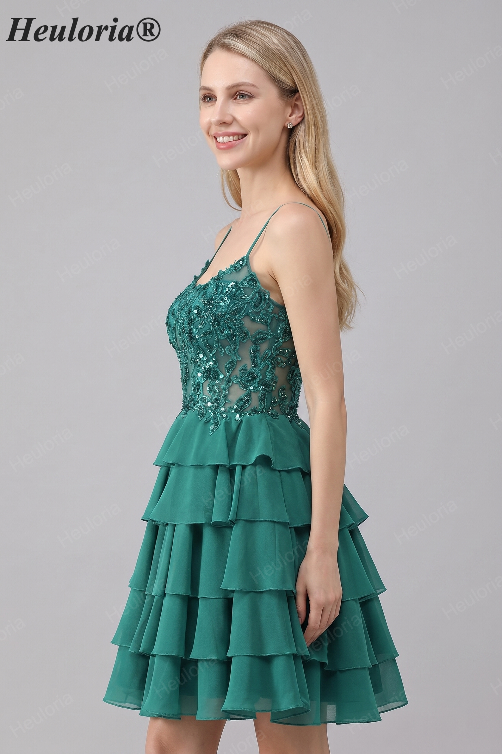 HEULORIA Dark Green Lace Tiered Homecoming Dress - Sequined Bodice with Spaghetti Straps ED-298