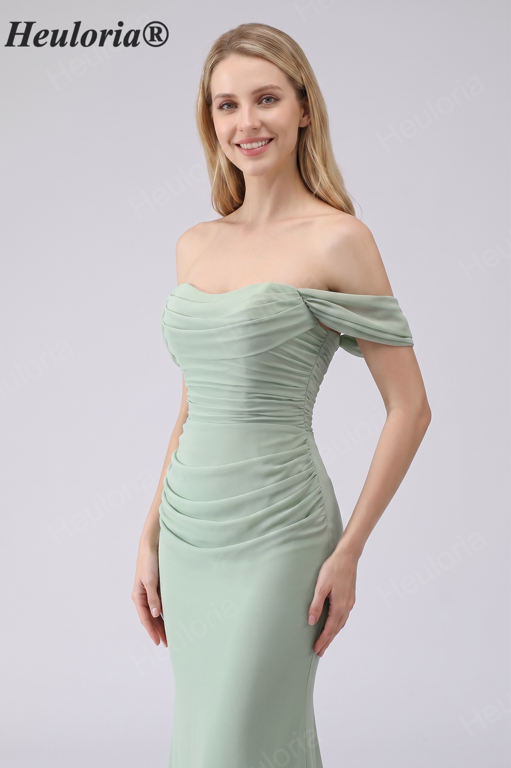 Off-The-Shoulder Ruched Mermaid Bridesmaid Dress - Sage Green