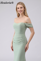 HEULORIA Elegant Off-The-Shoulder Ruched Sage Green Chiffon Mermaid Bridesmaid Dress with Lace-Up Back ED-654