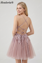 HEULORIA Heuloria Short A-Line Tulle Homecoming Dress with Beaded Lace and Illusion V-Neck ED-343