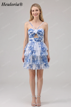 HEULORIA 3D Floral Accent Tiered Tulle Mini Dress - Sweetheart Halter Cutout Cocktail Dress ED-313