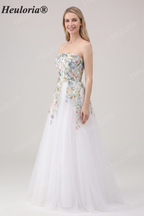 Heuloria Whimsical Colorful Floral Embroidery Strapless Wedding Dress - Romantic Tulle A-Line Bridal Gown with Corset Back ED-650