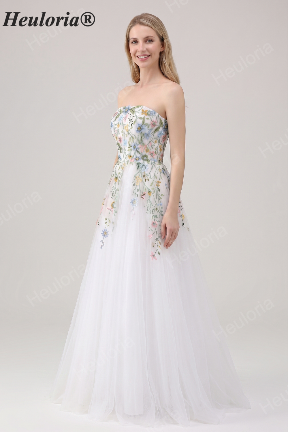 Heuloria Whimsical Colorful Floral Embroidery Strapless Wedding Dress - Romantic Tulle A-Line Bridal Gown with Corset Back ED-650
