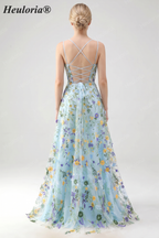 HEULORIA Enchanting Floral Embroidered Spaghetti Strap Prom Dress - Light Blue A-Line Gown with High Slit & Lace-up Back ED-591