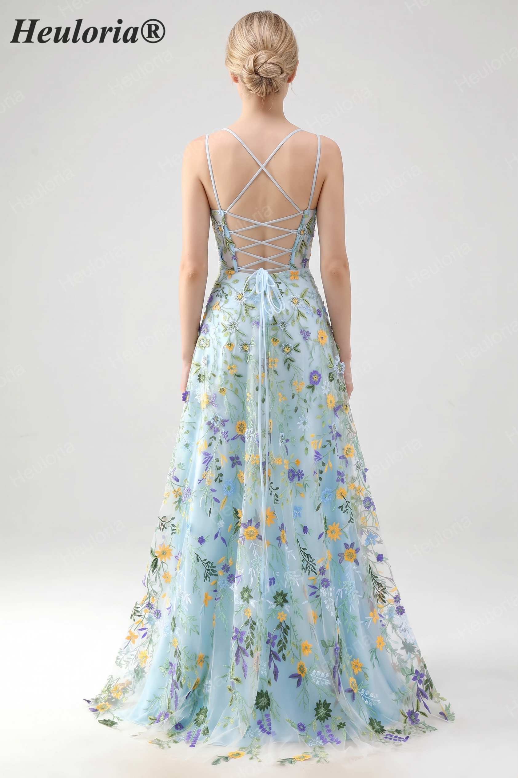 HEULORIA Enchanting Floral Embroidered Spaghetti Strap Prom Dress - Light Blue A-Line Gown with High Slit & Lace-up Back ED-591