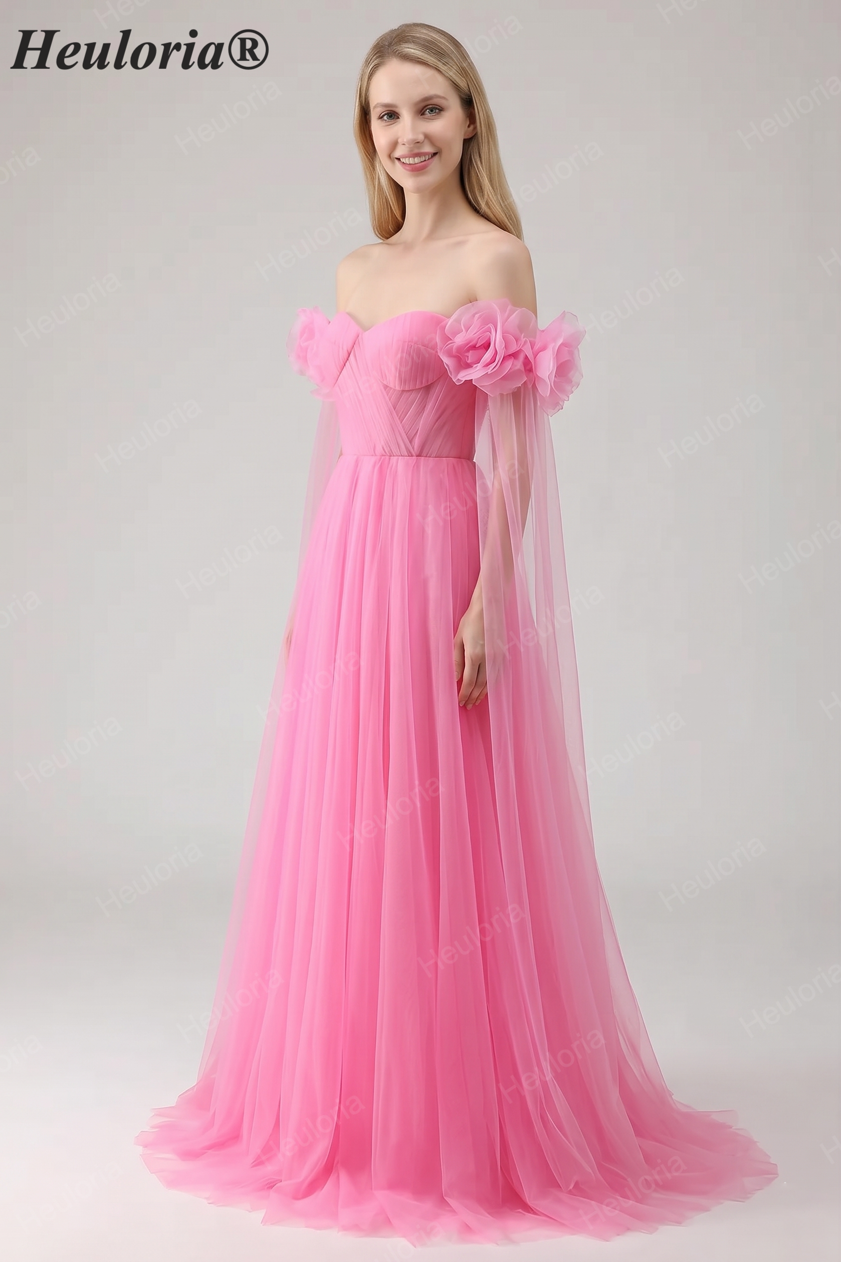 Heuloria Romantic Off-the-Shoulder Pink Tulle Prom Dress with 3D Floral Sleeves & Ruched Bodice ED-512